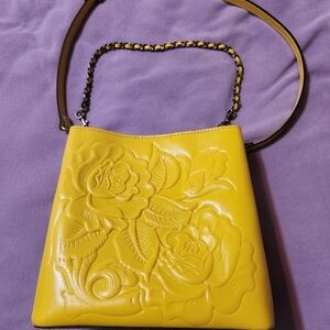 Patrivia Nash Yellow Embossed Floral Leather Bucket Bag